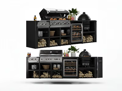 Modern Kitchen Interior Design With Grill Oven Wine Rack Pots Cabinets And Plants 3d model