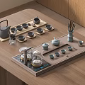 Elegant Ceramic Tea Set with Teapot Cups and Wooden Tray on Table