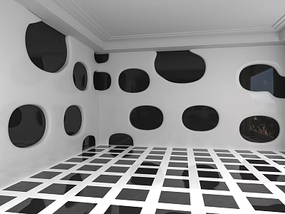 White Background Wall In Modern Room With Black Oval Cutouts And Checkered Floor 3d model