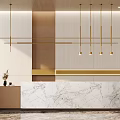 Modern Reception Desk With Marble Countertop Golden Pendant Lights And Wooden Walls