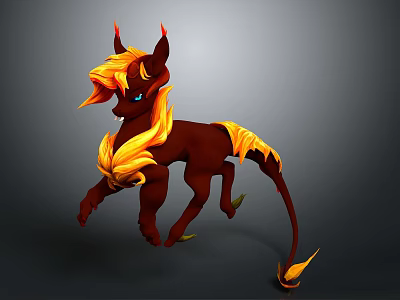 Dynamic Brown Mythical Creature With Flame Like Mane Tail And Blue Eyes 3d model