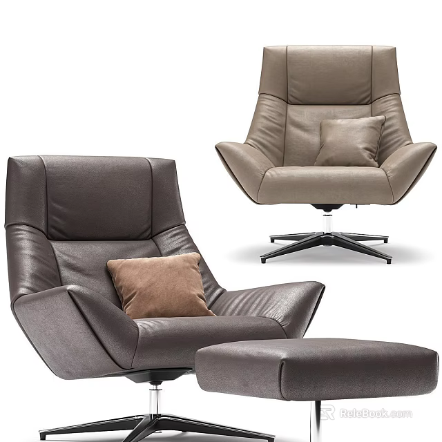 Modern Leather Leisure Chairs With Cushion Swivel Base And Matching Ottoman 3d model 