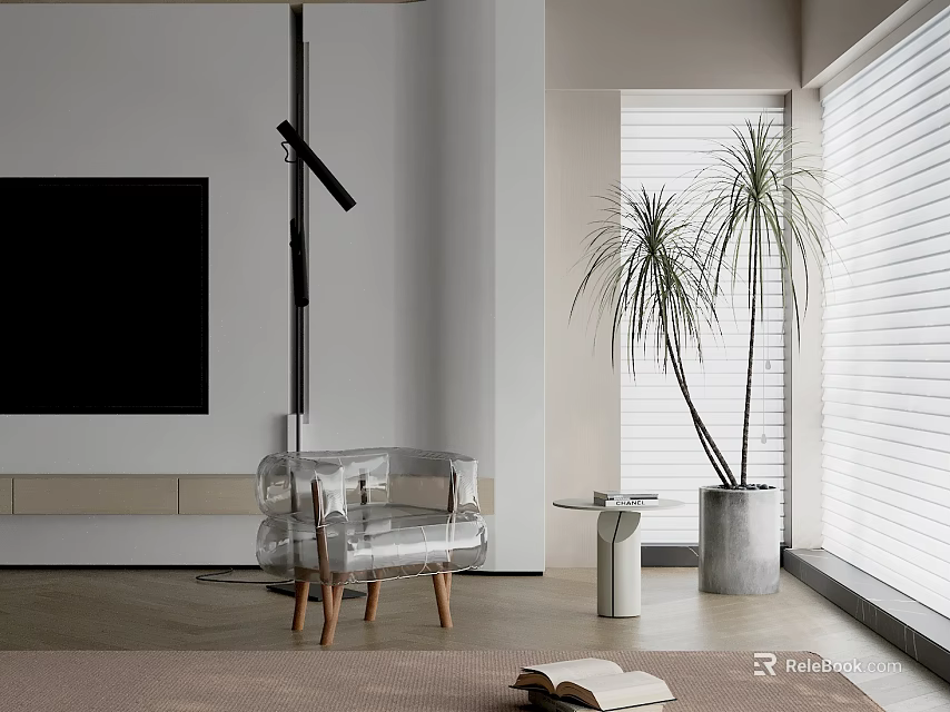Transparent Lounge Chair With Wooden Legs In Modern Interior Near Side Table Plant And Window 3d model 