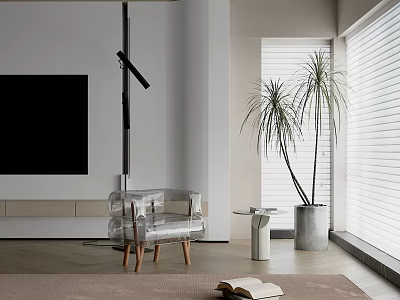 Transparent Lounge Chair With Wooden Legs In Modern Interior Near Side Table Plant And Window 3d model