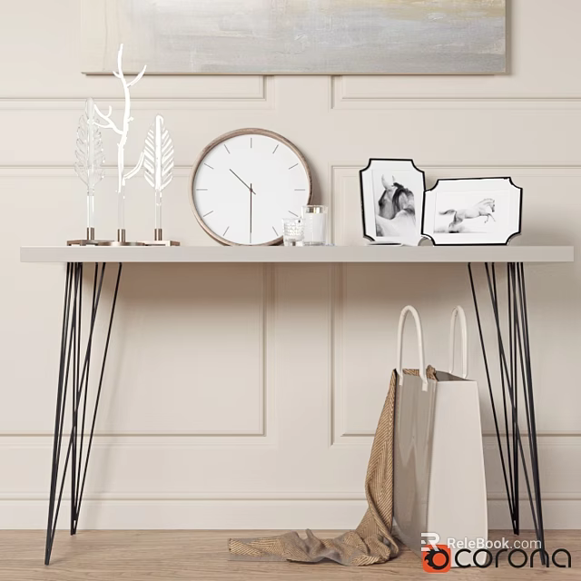 Minimalist Modern Home Living Essentials With Round Clock Photo Frames Decorative Branches And Shopping Bags 3d model 