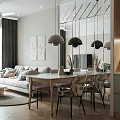 Apartment Open Concept Kitchen Dining Space With Green Cabinets Pendant Lights And Wooden Flooring