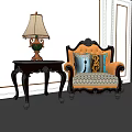 Vintage Style Orange Single Sofa With Black Armrests Throw Pillows And Side Table Lamp