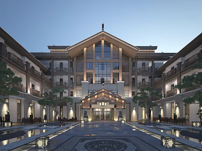 Traditional Chinese Hotel Architecture With Courtyard Water Features And Stone Pathways 3d model