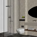 Bathroom Sink Vanity With Oval Mirror Marble Countertop Wooden Shelf And Towels