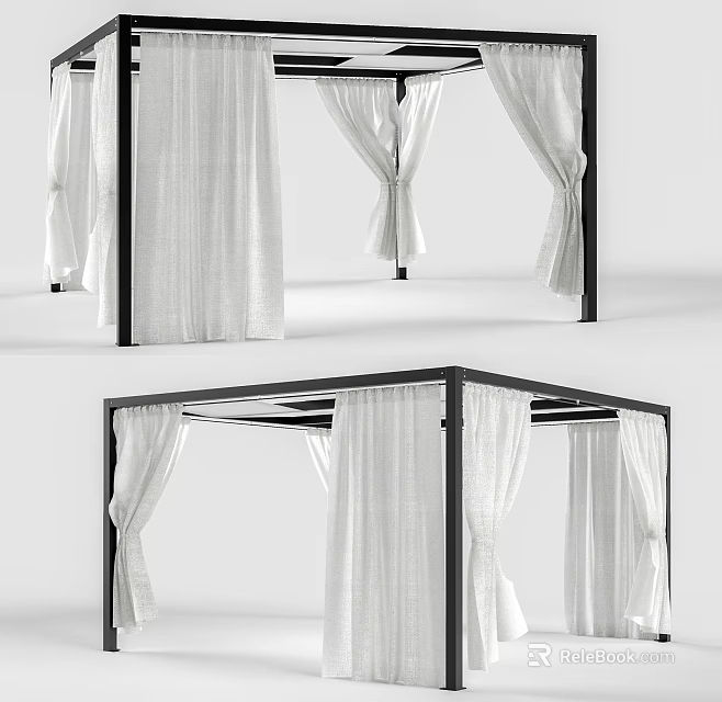 Modern Pergola Design With Black Frame And White Draped Curtains 3d model 
