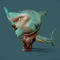 Cartoon Shark Character Holding Glowing Blue Weapon Dressed In Brown Shirt With Red Bead Bracelet