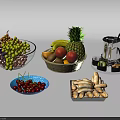 Fresh Assorted Fruits with Grapes Pineapple Bananas Apples Cherries Kiwis in Bowls and Basket
