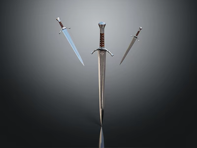 Three Medieval Swords Displayed with Central Long Blade and Side Daggers on Dark Background 3d model