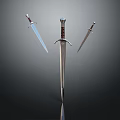 Three Medieval Swords Displayed with Central Long Blade and Side Daggers on Dark Background