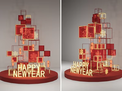 Interactive Zone New Year Decor With Red Geometric Structures And Golden Happy Letters 3d model