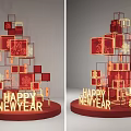 Interactive Zone New Year Decor With Red Geometric Structures And Golden Happy Letters 3d model