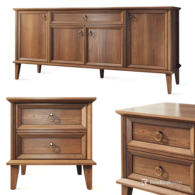 Classic Wooden Bedside Table with Two Drawers and Metal Ring Handles Design 3d model 
