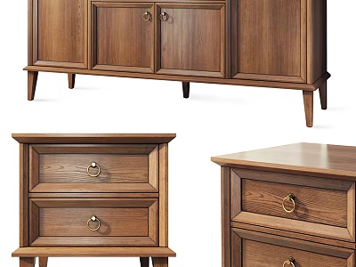 Classic Wooden Bedside Table with Two Drawers and Metal Ring Handles Design 3d model