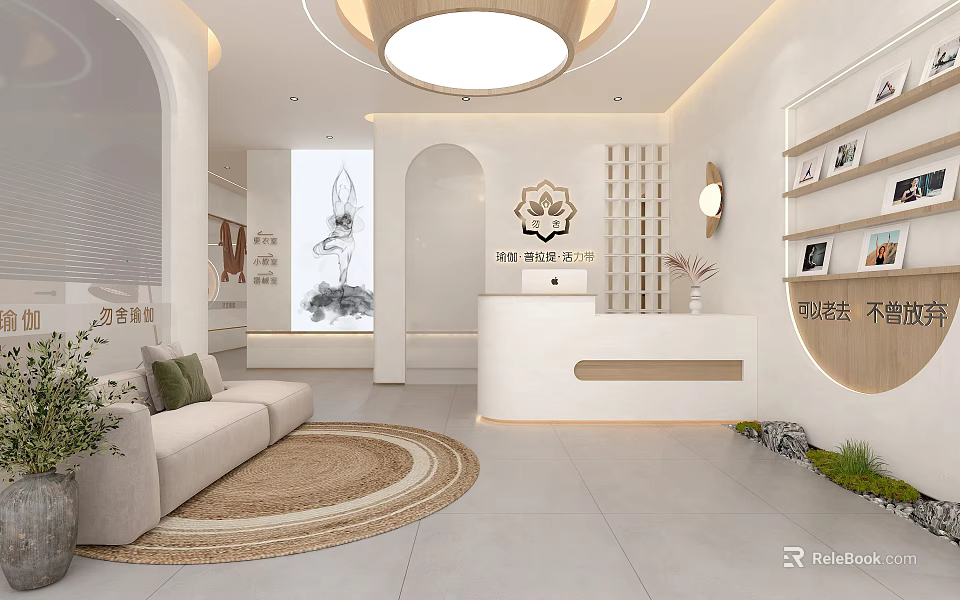 Modern Fitness Center Interior With Reception Area Sofa Green Plants And Artwork 3d model 