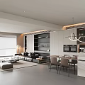 Modern Living and Dining Room Interior With Open Layout Sofa Dining Table And Pendant Lights