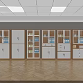 Row Of Modern White Bookcases With Glass Doors And Wooden Shelves On Herringbone Floor