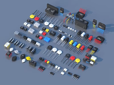 Household Electronic Components Collection Featuring Resistors Capacitors Diodes and Chips 3d model