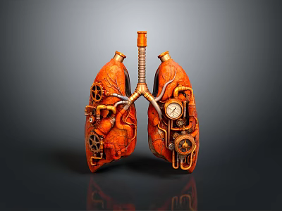 Steampunk Lungs Anatomical Model With Hair Like Bronchial Fibers And Gear Decorations 3d model