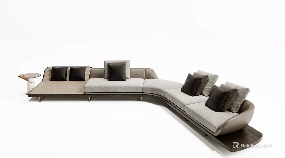 Modern Curved Sectional Sofa with Gray Beige Upholstery and Dark Accent Pillows 3d model 