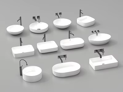White Washbasins In Various Shapes With Black Faucets For Bathroom 3d model