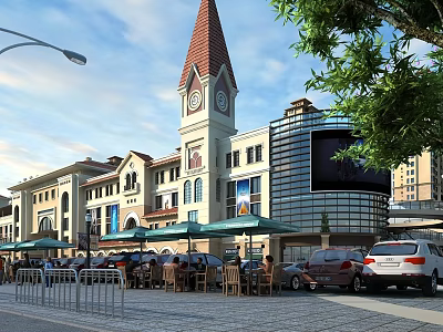 Vibrant Commercial Street With Clock Tower Outdoor Seating Green Umbrellas And Trees 3d model