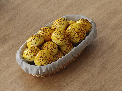 Golden Sesame Seed Bread Rolls in Wicker Basket on Wooden Table 3d model