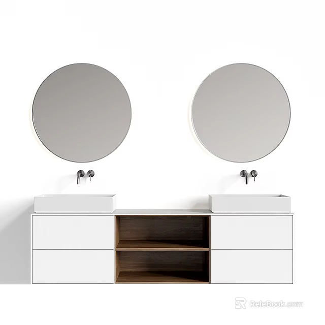 Modern Double Washbasin Bathroom Vanity With White Cabinets Round Mirrors And Wooden Open Shelf 3d model 