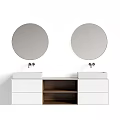 Modern Double Washbasin Bathroom Vanity With White Cabinets Round Mirrors And Wooden Open Shelf