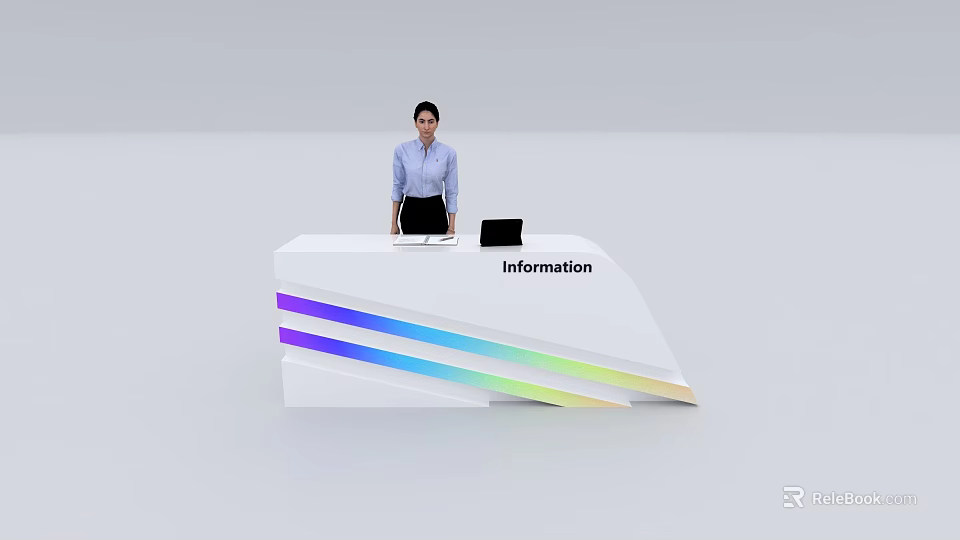 Modern Information Reception Desk Featuring Colorful Stripe Design And White Backdrop 3d model 