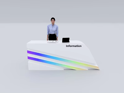 Modern Information Reception Desk Featuring Colorful Stripe Design And White Backdrop 3d model