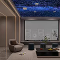 Modern Home Theater Interior With Starry Sky Ceiling Gray Sofa Green Plants And Decorative Painting