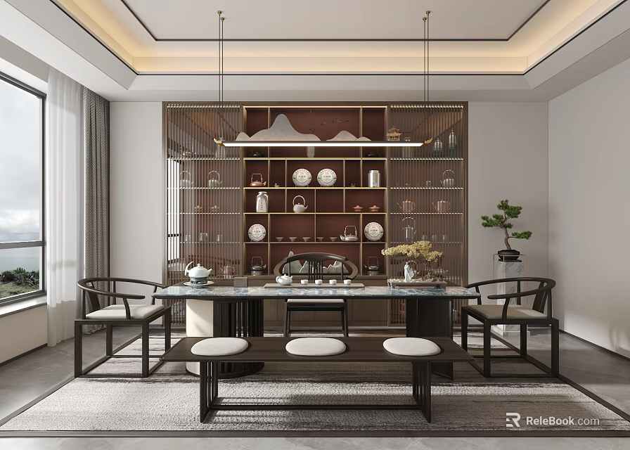 Classic Tea Room With Wooden Tea Table Tea Sets Porcelain Display Shelf And Scenic View 3d model 