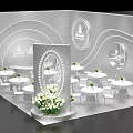 Modern Exhibition Hall Interior With White Tables Chairs Circular Decor And Green Plants
