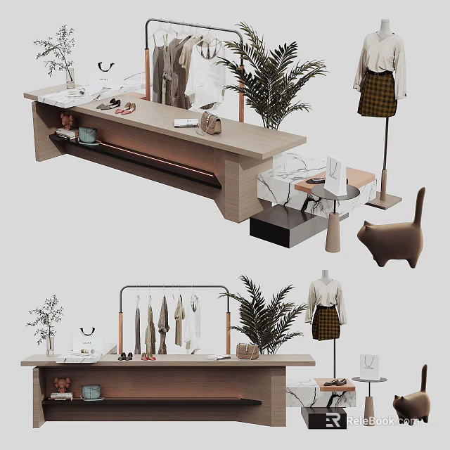 Wooden Retail Display Shelf Featuring Clothing Accessories Decorative Plants And Mannequins 3d model 