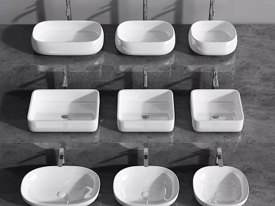 White Ceramic Washbasins In Different Shapes On Gray Countertop With Chrome Faucets For Modern Bathroom 3d model