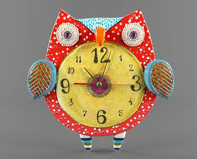 Colorful Decorative Owl Shaped Clock With Yellow Dial Patterned Wings And Striped Legs 3d model