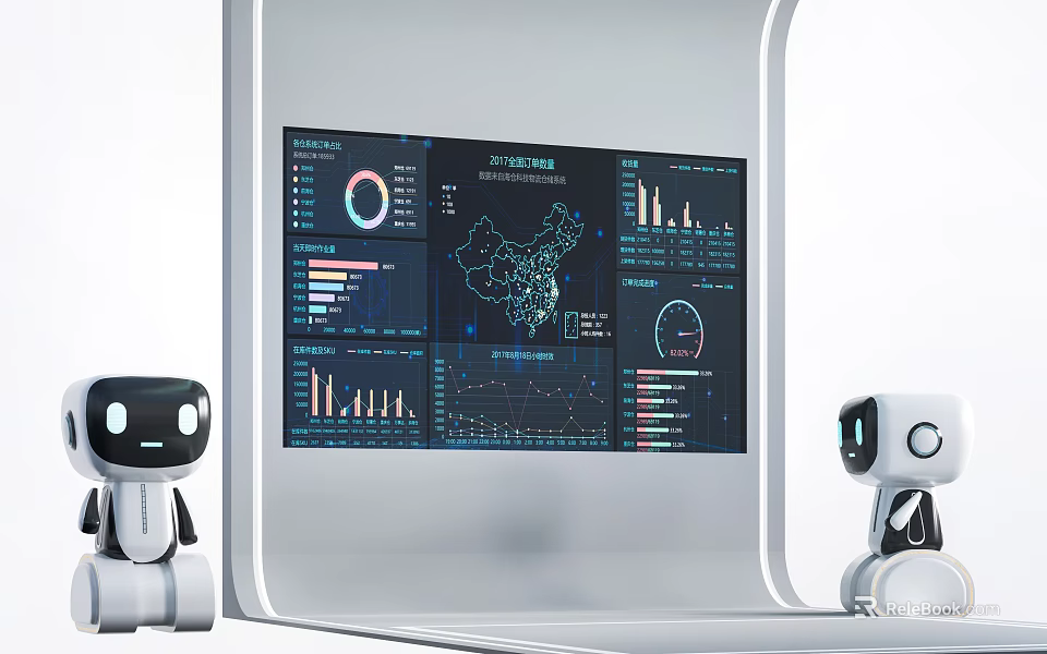 Large Advanced Computer Monitor Displaying Data Charts Graphs With Robots On Sides 3d model 