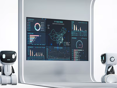 Large Advanced Computer Monitor Displaying Data Charts Graphs With Robots On Sides 3d model