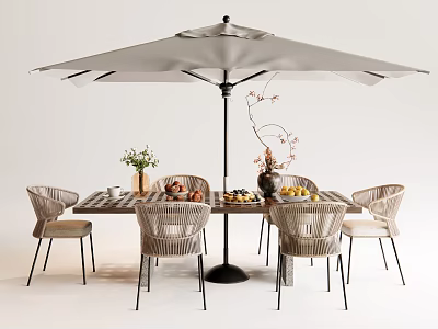 Outdoor Dining Table With Wicker Chairs Large Umbrella Fruit And Flower Vase 3d model