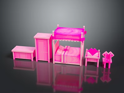 Cute Pink Bedroom Furniture Set With Bed Wardrobe Bench Dresser And Clothes Rack 3d model