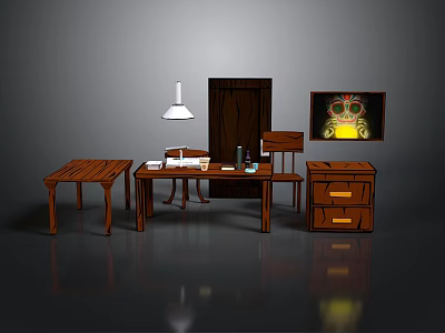 Wooden Interior Furniture Setup With Table Desk Chair Cabinet Lamp And TV 3d model