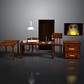 Wooden Interior Furniture Setup With Table Desk Chair Cabinet Lamp And TV