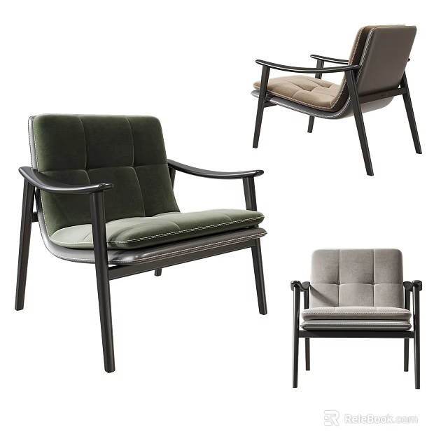 Modern Leisure Chairs With Green And Beige Upholstery Black Wooden Frame Armrests And Comfortable Cushions 3d model 