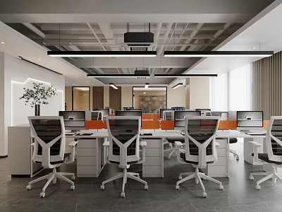 Modern Public Office Space Interior With Ergonomic Desks Computers And Bright Lighting 3d model