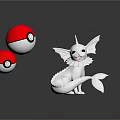 White Mythical Creature Sculpture on Green Circular Base with Floating Red and White Poké Balls